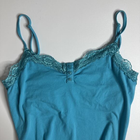 Y2k Faded Glory Womens Lace Trim Cami Tank Top Size M Teal Stretch Bra Buttons - Picture 3 of 8
